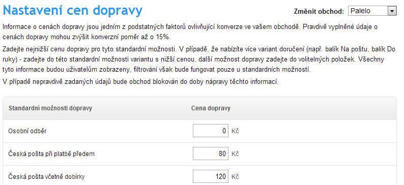 Tabulka s údaji ceny dopravy z eshopu k zákazníkovi.