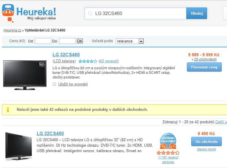 Otisk obrazovky webu Heureka.cz