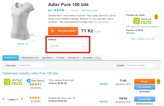 Detail produktu s filtrem – Po výběru velikosti M zůstaly v nabídce z původních 12 e-shopů pouze 2. Ostatní neuvádí ve svém XML feedu tag PARAM.
