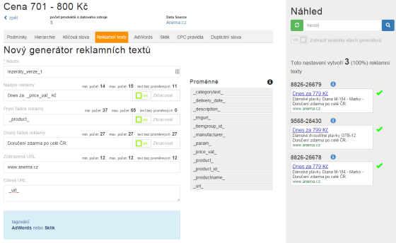 Generátor, pomocí něhož vytváříte textové inzeráty. V obsahu můžete využít jak tagy vašeho zdroje, tak si jej můžete doplnit o ručně zapsané informace.