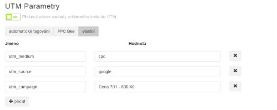 Značení UTM parametry (tagování) přednastavené aplikací PPC Bee. Máte-li vlastní metodiku značení kampaní, pak si ji nastavíte pomocí záložky vlastní. A nebo to necháte na automatickém značení.