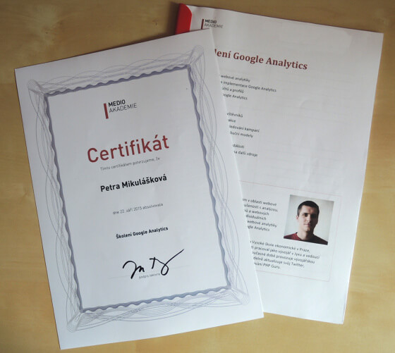 Certifikát a materiály ze Školení Google Analytics od Honzy Tichého z Medio Interactiv