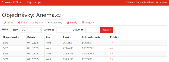 Administrace provizního systému Affilo.cz