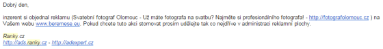Email s informací, že si zákazník objednal inzerci na webu v systému Ranky.cz