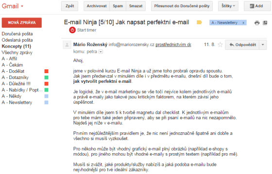 Screen obrazovky Gmailu s částí kurzu E-mail Ninja