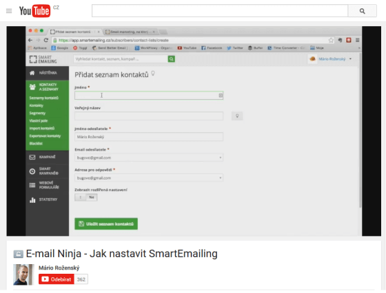Screen obrazovky na Youtube.com kde je vidět nastavení aplikace Smartemailing