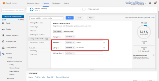Vlastní nastavení segmentu je různé – můžete vytvářet segmenty tak, že spojovacím prvkem bude médium, demografické údaje, zdroj návštěvnosti či jiný údaj. Tyto podmínky můžete různě kombinovat a stejně tak filtrovat. Na obrázku vidíte segment pro návštěvnost z Heureky, který jsem vytvořila tak, že jsem si jako zdroj označila heureka a jako médium product (pokud neoznačujete filtrem návštěvnost ze srovnávačů jako product stejně jako já, tento segment vám nebude fungovat správně!).