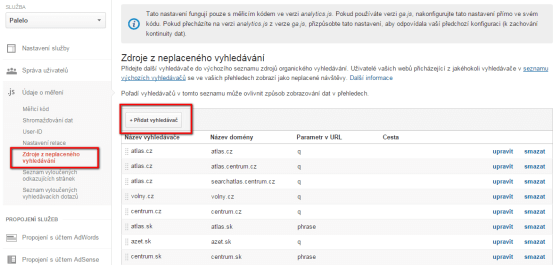 Nastavení zdrojů z neplaceného vyhledávání najdete v nastavení Služby. Je to ten prostřední sloupec.