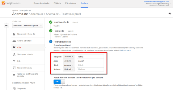 Samotné nastavení události jako cíle, který sleduje vyhledávací dotazy na e-shopu, učiníte ve Správci nad výběrem dat v záložce Cíle. Jako kategorii použijete hodnotu listing, jako akci hodnotu search.