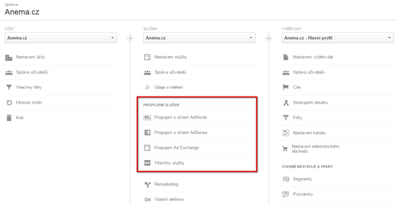 Propojení učiníte na úrovni služby v prostředním sloupci. Pro Adwords vidíte samostatný odkaz, pro Search Console musíte kliknout na odkaz Všechny služby a tam jej dohledat. Jen pozor! Pro propojení se Search Console musíte mít prvně e-shop v této službě zaevidovaný.