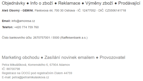 Uvedení kontaktů na prodávajícího a správce v Affilo shopu.