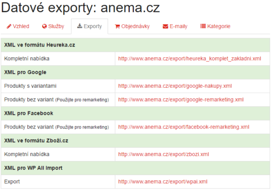 Přehled možných datových exportů v Affilo shopech.