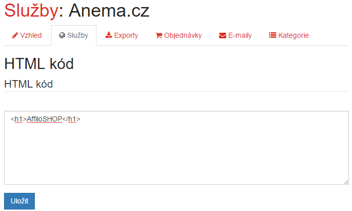 Možnosti vložení HTML kodu do systému AffiloShopů.