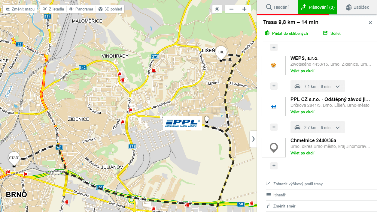Mapa se zobrazením tří míst.