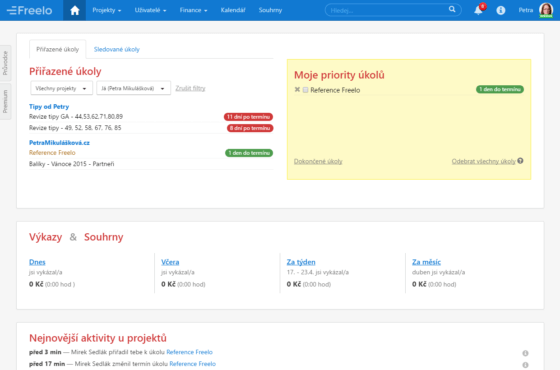 Úvodní dashboard aplikace Freelo