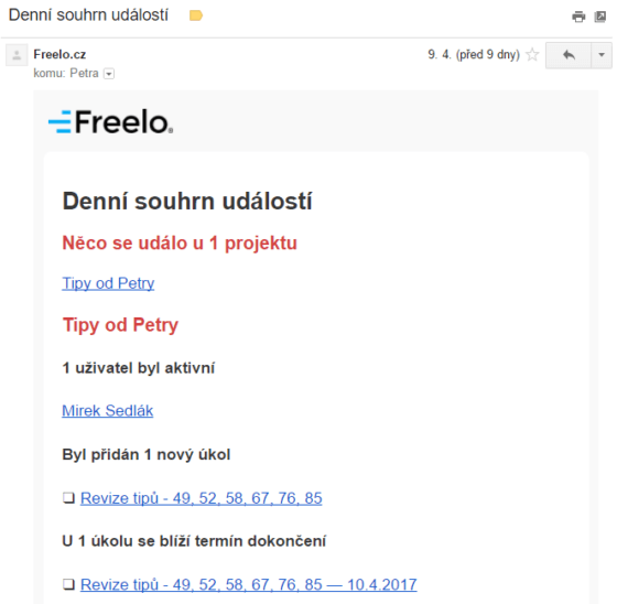 Přišlá notifikace do e-mailu z aplikace Freelo.cz 