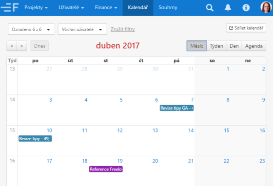 Ukázka kalendáře v aplikaci Freelo.cz