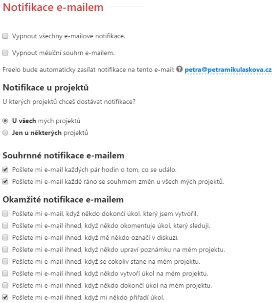 Přehled nastavení posílání e-mailů v aplikaci Freelo