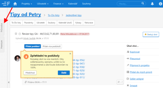 Ukázka Průvodce v aplikace Freelo.cz